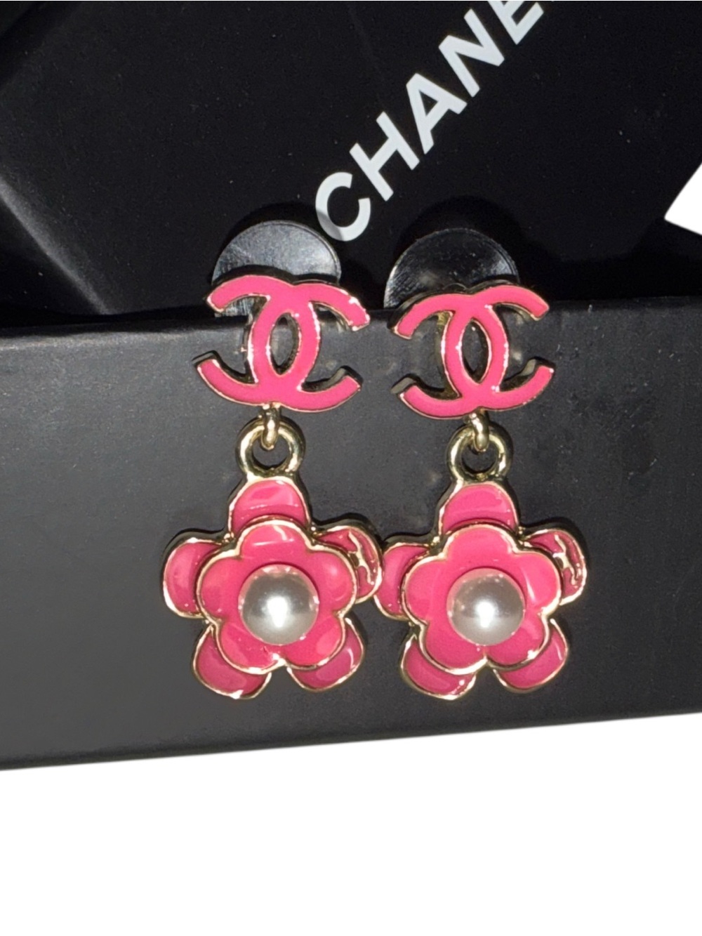 Pink Flower Pearl Dangle Earrings Gold Tone Statement Jewelry